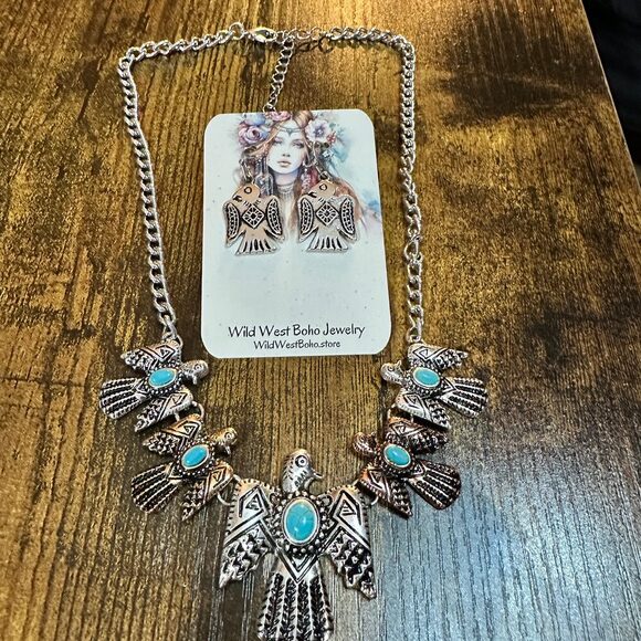 Turquoise‎ Feather Southwestern Boho Multi Necklace and Earrings Set - Picture 2 of 11